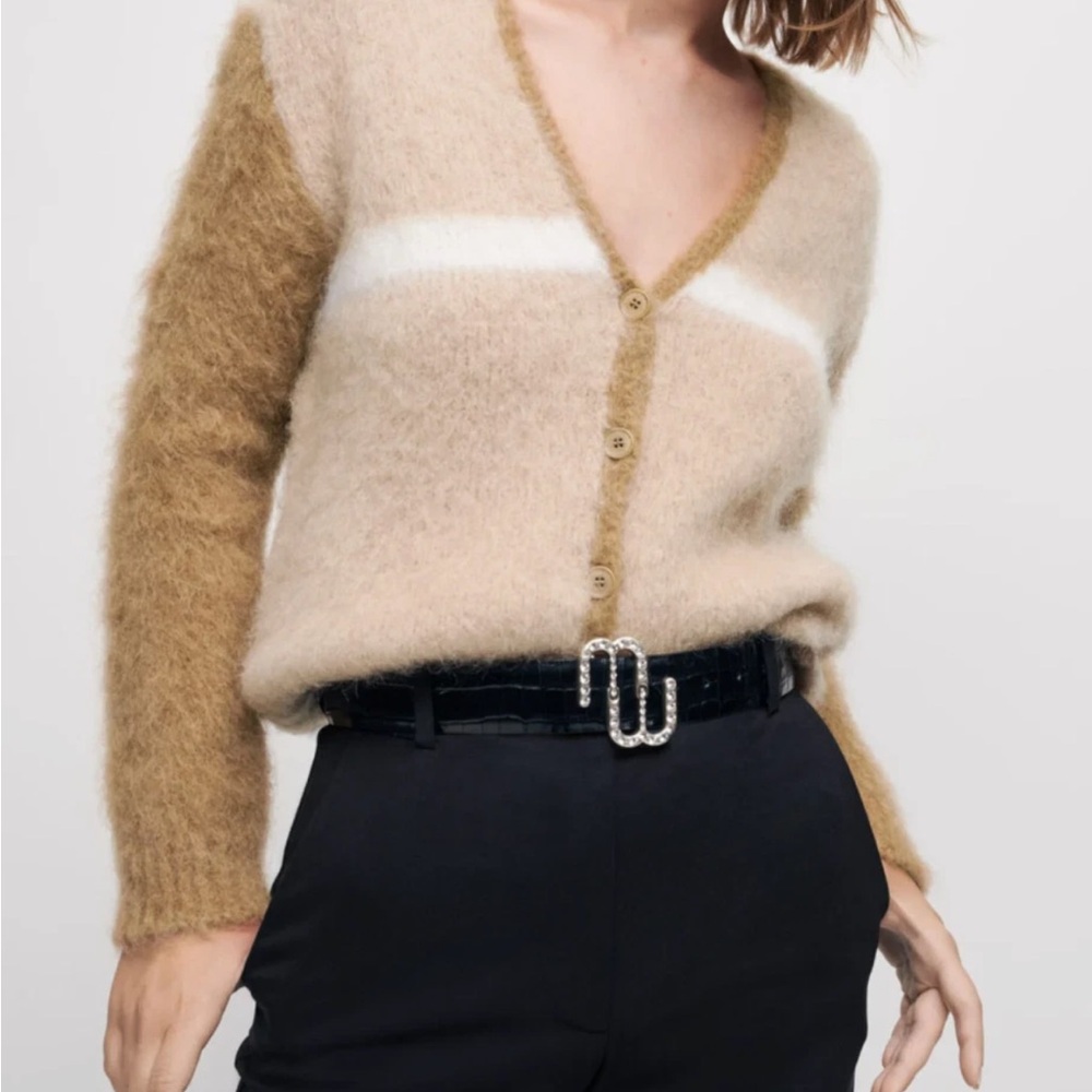 Maje Beige and Tan Fuzzy Cardigan